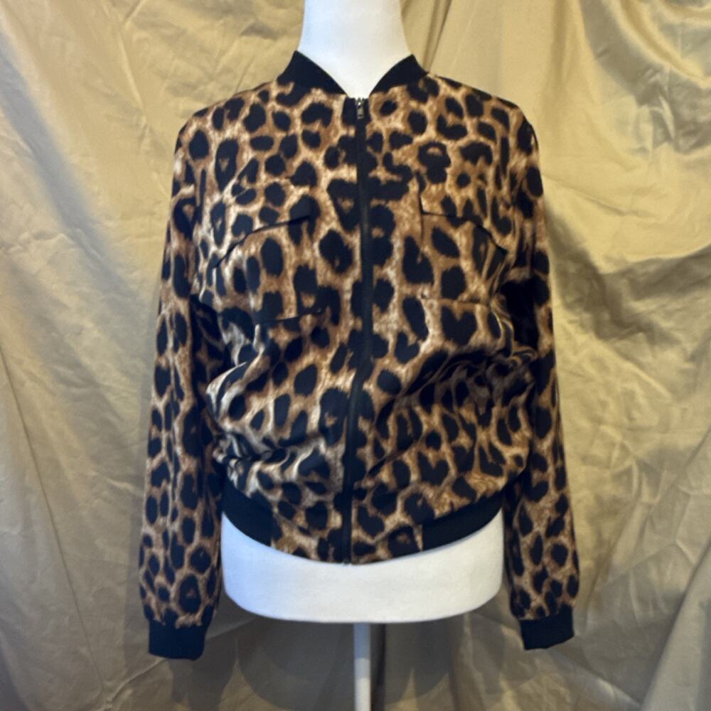 Leopard Print Zip Front Brown Black Women’s Bomber Jacket S with Pockets